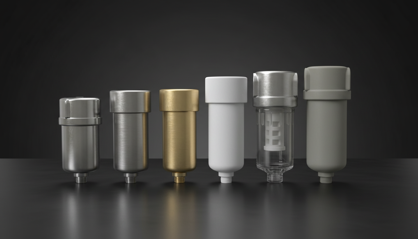 Professional studio photograph of R+F FilterElements process gas filter housings in stainless steel, brass, PTFE and glass — various sizes and materials